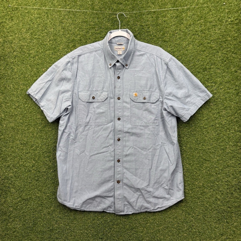 Carhartt Shirt Mens Large Blue Chambray Short Sleeve Button Workwear 104369 CBL